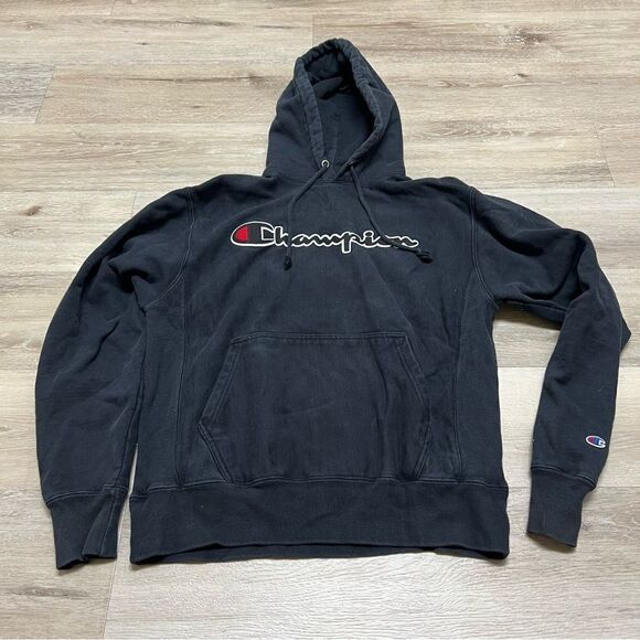 Champion Hoodie Men Medium Black Reverse Weave Sweatshirt Hoodie Spell Out Retro - Picture 1 of 7